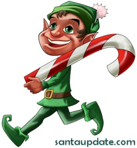 smiling Christmas elf walking with a big candy